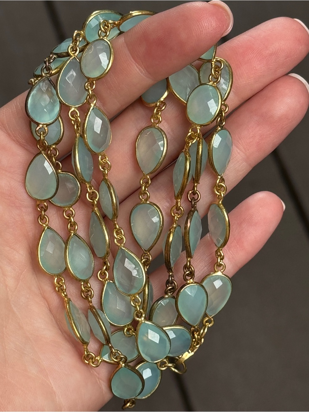 Gold in color Teardrop Chalcedony Bracelet - Pale Aqua - Picture 4 of 9